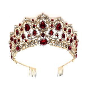 Gold Queen Tiara Crown Red Rhinestones Medieval Renaissance Costume Headpiece